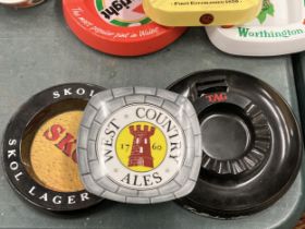 THREE MELAMINE ASHTRAYS TO INCLUDE TREFFLICHES, SKOL AND WEST COUNTRY ALES