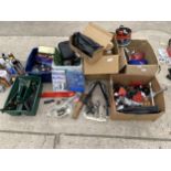 A LARGE ASSORTMENT OF TOOLS AND HARDWARE TO INCLUDE HAMMERS, PLIERS AND A WHEEL BRACE ETC