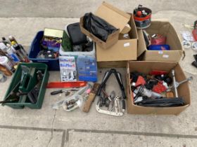 A LARGE ASSORTMENT OF TOOLS AND HARDWARE TO INCLUDE HAMMERS, PLIERS AND A WHEEL BRACE ETC
