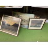 THREE FRAMED PICTURES, OIL ON BOARD OF A BOAT ETC
