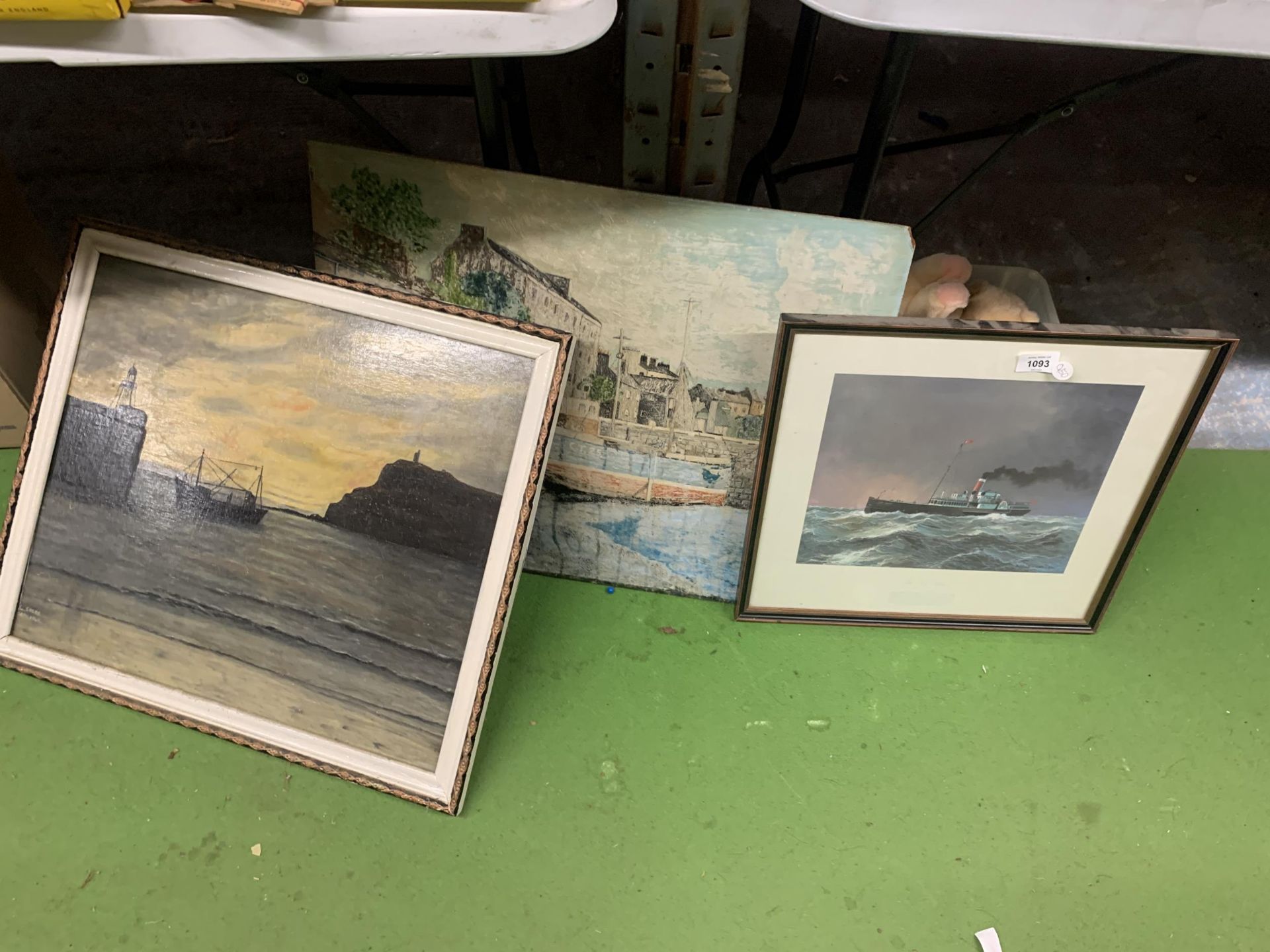 THREE FRAMED PICTURES, OIL ON BOARD OF A BOAT ETC