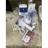 AN ASSORTMENT OF ITEMS TO INCLUDE EXTENSION LEADS, A MIXER AND TOASTIE MAKER ETC