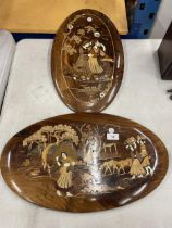 TWO LARGE OVAL INLAID WOODEN PLAQUES