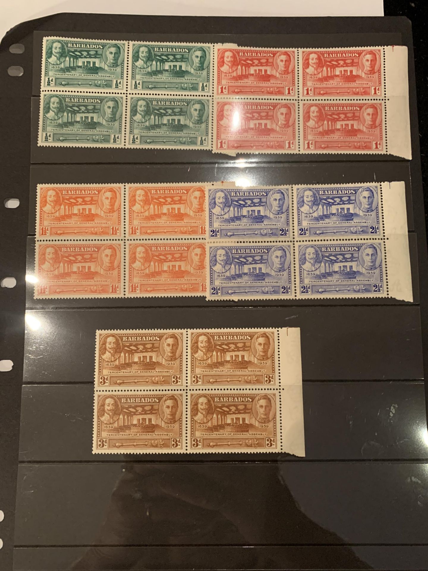 BARBADOS 1939 TERCENTENARY SET OF 5 IN UNMOUNTED MINT BLOCKS OF 4 . SG 257/61 CAT £85