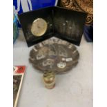 A MIXED LOT TO INCLUDE SILVER PLATED TRAY AND DECANTER LABELS, CLOCK SCREEN ETC