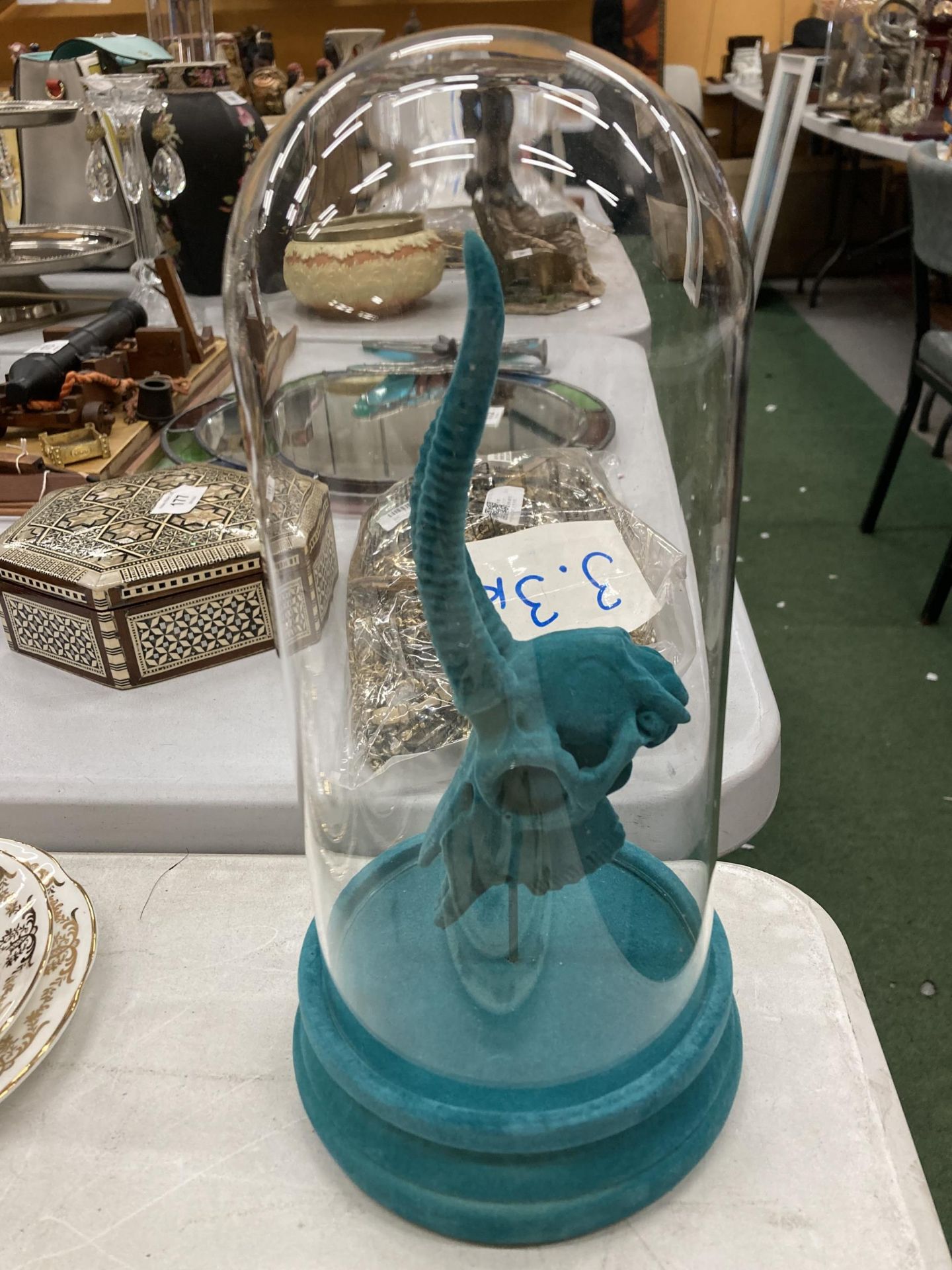 A TURQUOISE ANIMAL SKULL IN A GLASS DOME - Image 3 of 4