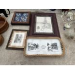 TWO FRAMED PRINTS, A FRAMED NAUTICAL CLOCK AND A TTRAY ETC