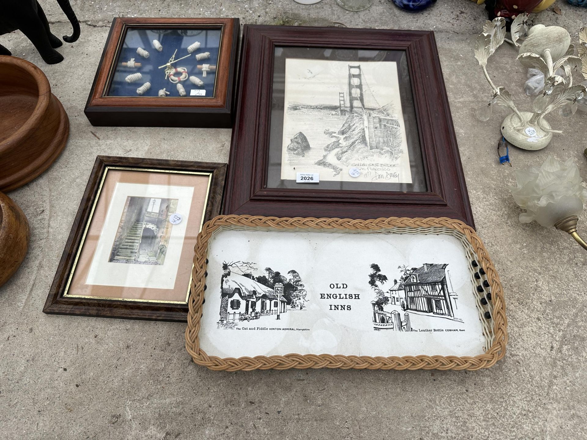 TWO FRAMED PRINTS, A FRAMED NAUTICAL CLOCK AND A TTRAY ETC