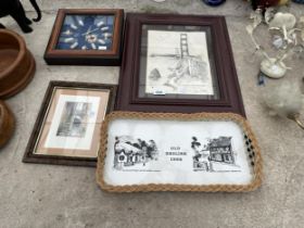 TWO FRAMED PRINTS, A FRAMED NAUTICAL CLOCK AND A TTRAY ETC
