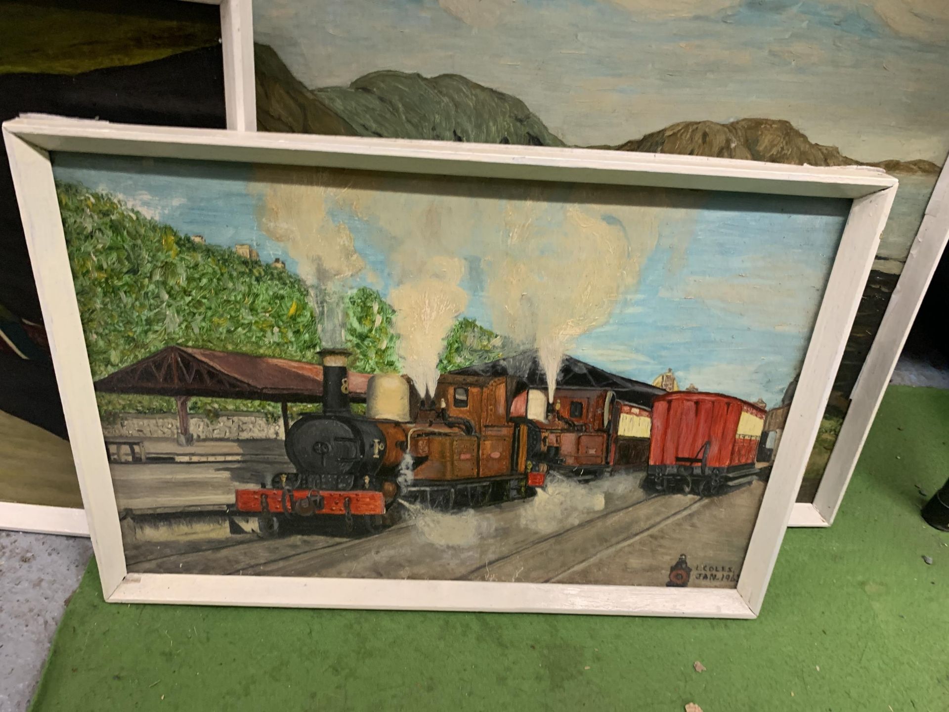 A GROUP OF FRAMED OIL ON BOARDS INCLUDING A TRAIN EXAMPLE, SIGNED L.COLES, 1963 - Image 2 of 3