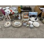 AN ASSORTMENT OF ITEMS TO INCLUDE CERAMIC PLATES, HUNTING SCENE JUGS AND A LARGE SILVER PLATE TRAY