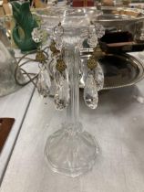 A GLASS CANDLE HOLDER WITH CRYSTAL DROPLETS, HEIGHT 24CM