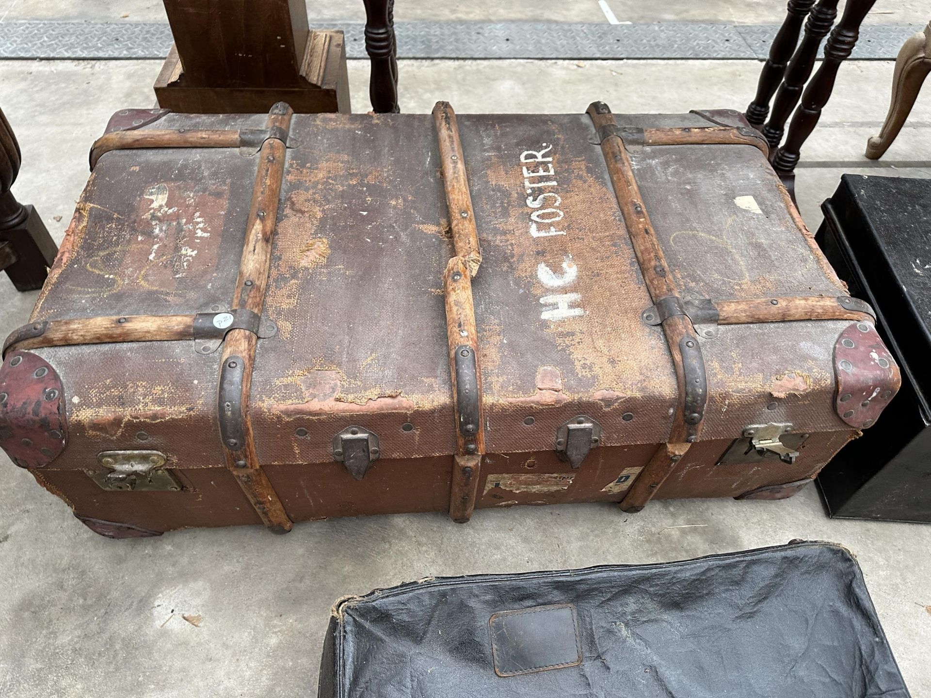 A COMPRESSED FIBRE TRAVELLING TRUNK, ANTLER SUITCASE AND METALWARE DEED BOX - Image 4 of 4