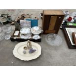 A COLLECTION OF ITEMS TO INCLUDE A GLASS CAKE PLATE, STORAGE CABINET AND CERAMICS ETC