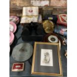 A MIXED LOT INCLUDING CAT PRINT, SUNDIAL, BINOCULARS ETC