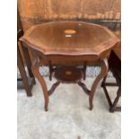 AN EDWARDIAN MAHOGANY AND INLAID TWO TIER CENTRE TABLE, 29" DIAMETER