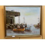 A BRAIN ROCHE SIGNE GILT FRAMED OIL ON BOARD OF A HARBOUR SCENE