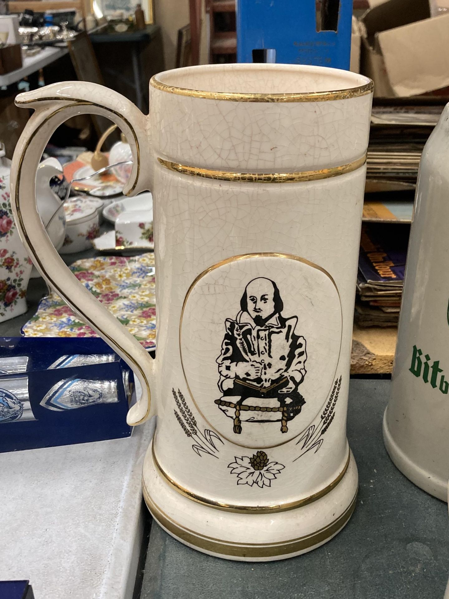 A LARGE PRINKNASH WILLIAM SHAKESPEARE STONEWARE STEIN, HEIGHT 28CM