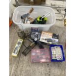 AN ASSORTMENT OF ITEMS TO INCLUDE PARAFIN LAMPS, A FOOT PUMP AND WALL BRACKETS ETC
