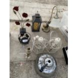 AN ASSORTMENT OF LAMPS, SHADES AND CANDLE HOLDERS ETC