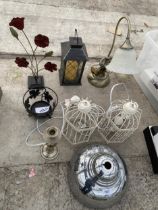 AN ASSORTMENT OF LAMPS, SHADES AND CANDLE HOLDERS ETC