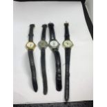 FOUR LADIES WATCHES ON LEATHER STRAPS TO INCLUDE A VINTAGE SMITHS WATCH, LORUS, REFLEX, ETC