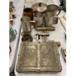 A QUANTITY OF ITEMS TO INCLUDE PEWTER TANKARDS, A PLATE WARMER, KEY BOX, COPPER TANKARD, ETC