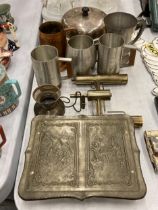 A QUANTITY OF ITEMS TO INCLUDE PEWTER TANKARDS, A PLATE WARMER, KEY BOX, COPPER TANKARD, ETC
