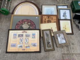 AN ASSORTMENT OF FRAMED PRINTS AND TEA CARDS ETC