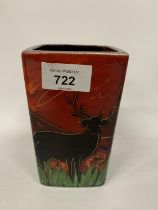 AN ANITA HARRIS HAND PAINTED AND SIGNED IN GOLD SQUARE VASE WITH STAG DECORATION