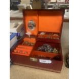 A JEWELLERY BOX WITH ASSORTED COSTUME JEWELLERY, WATCHES ETC
