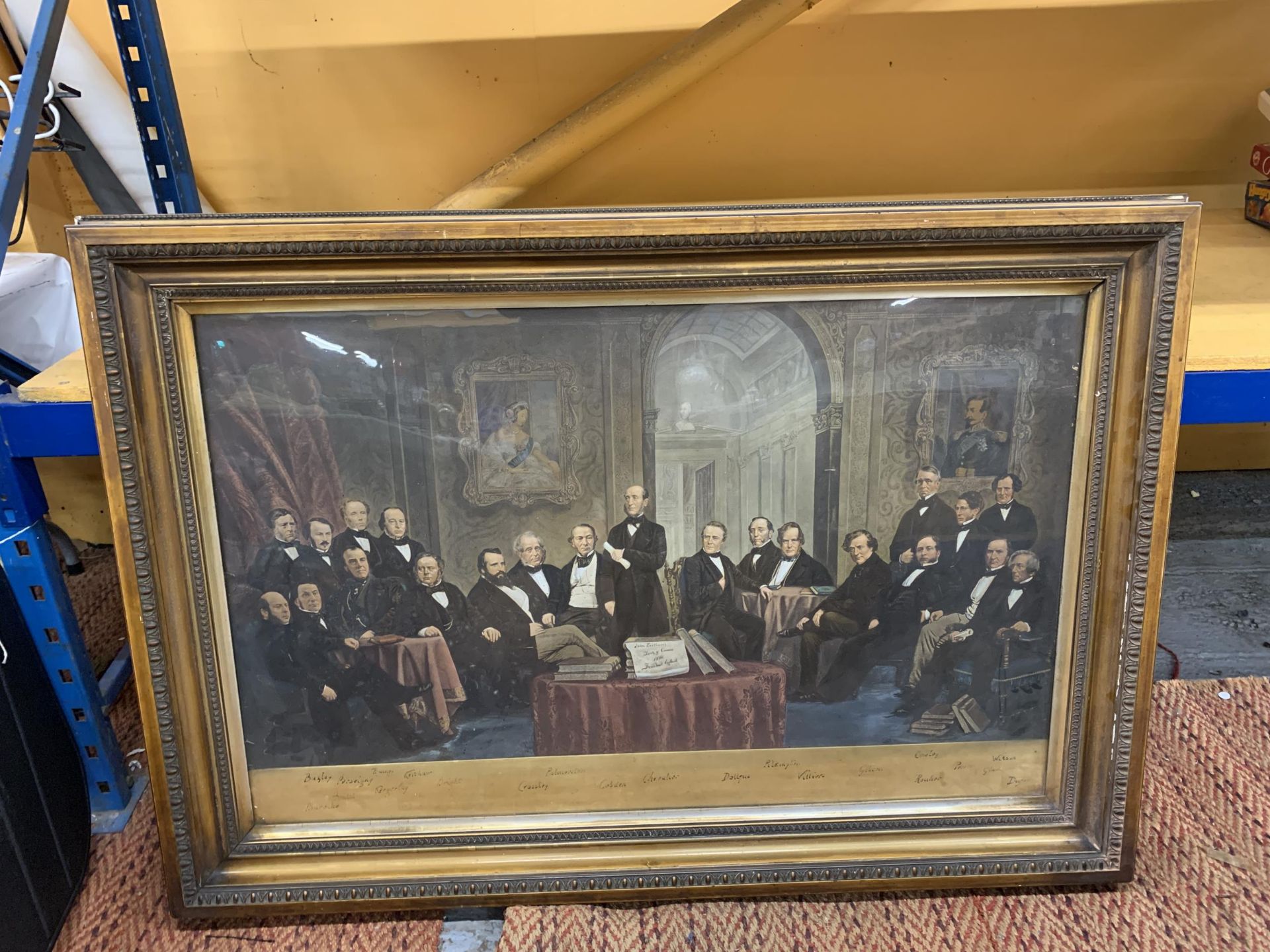 A LARGE MID CENTURY GILT FRAMED TREATY OF COMMERCE 1860 SCENE PRINT