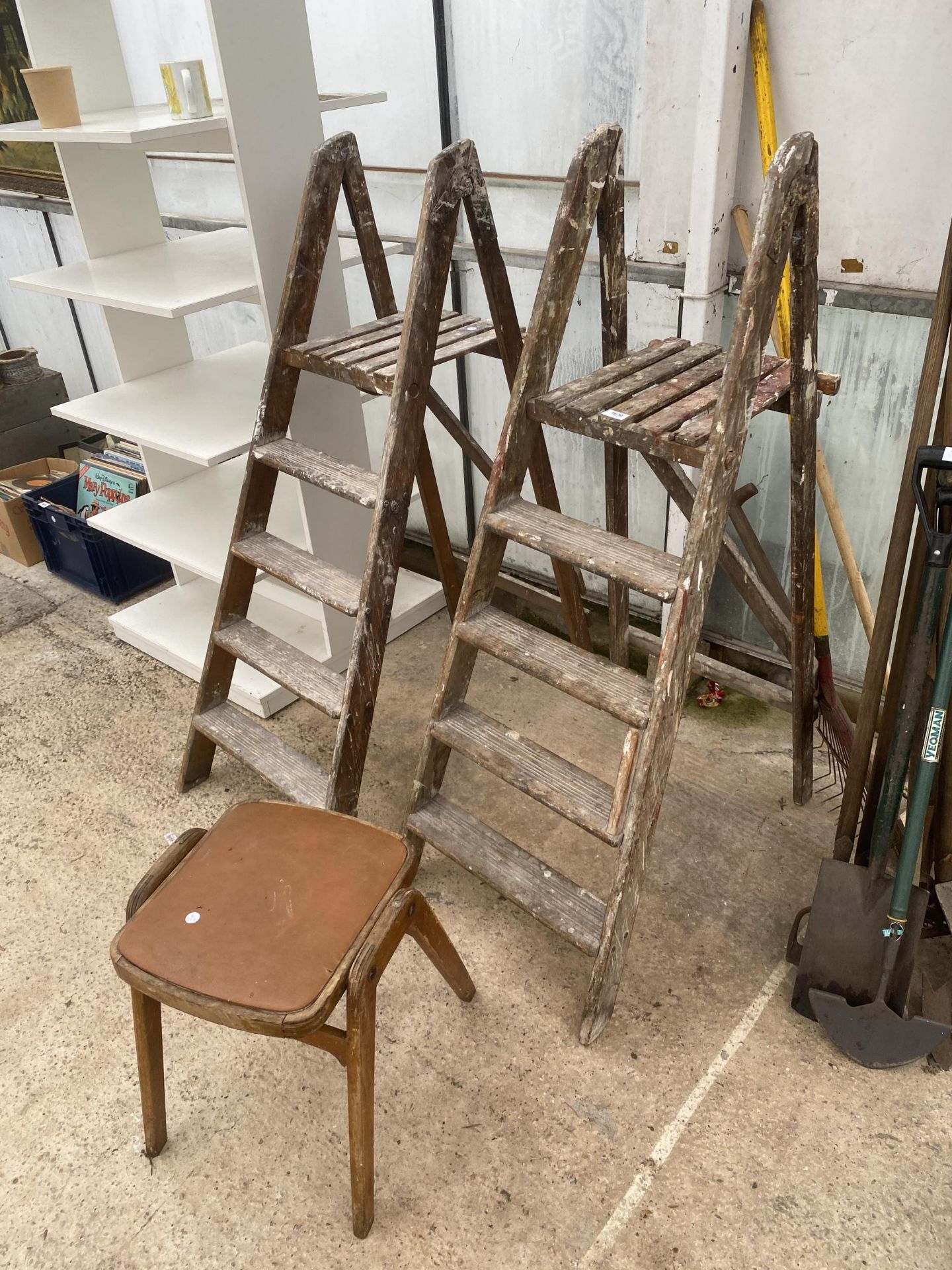 TWO VINTAGE FOUR RUNG WOODEN STEP LADDERS AND A KITCHEN STOOL