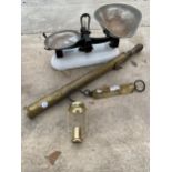A SET OF BALANCE SCALES, A SMALL SET OF BRASS SCALES AND A VINTAGE BRASS GARDEN SPRAYER