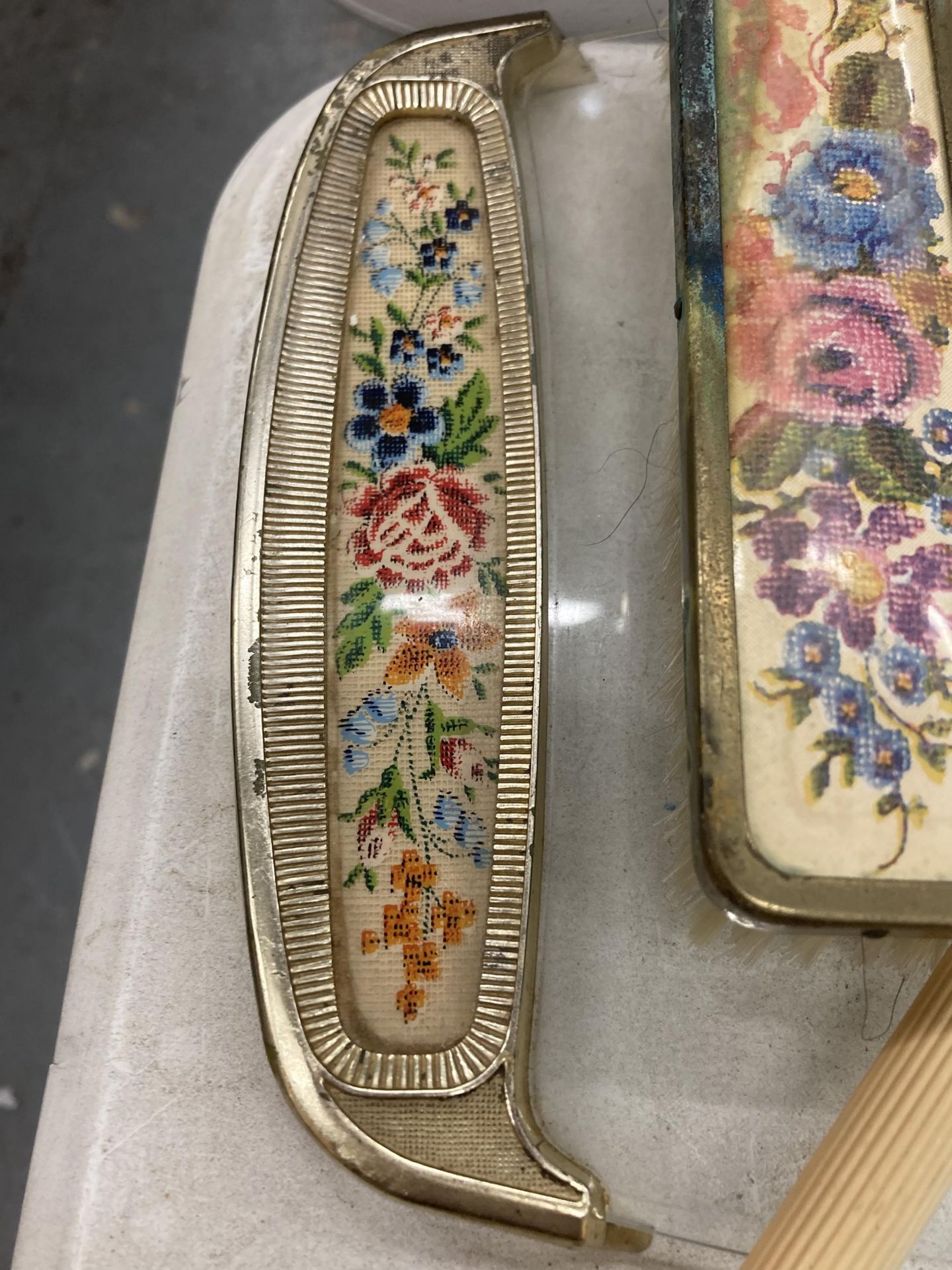 A VINTAGE PETIT-POINT BRUSH AND MIRROR SET ON A GLASS TRAY - Image 2 of 4