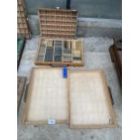 FOUR SMALL PRINTS TRAYS AND A QUANTITY OF WOODEN BLOCKS