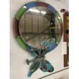 AN OVAL LEADED GLASS MIRROR, 30CM X 36CM PLUS A PEWTER LEADED GLASS FAIRY