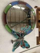 AN OVAL LEADED GLASS MIRROR, 30CM X 36CM PLUS A PEWTER LEADED GLASS FAIRY