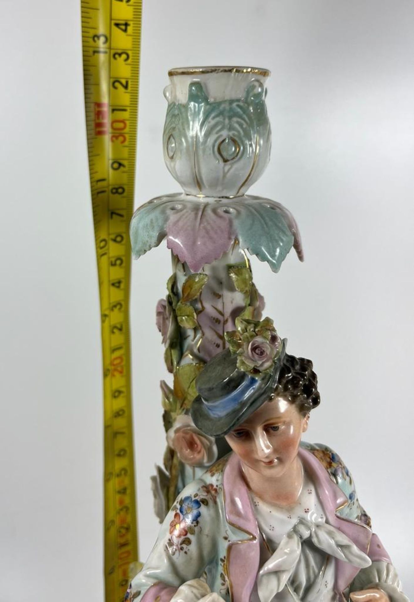 A LARGE ANTIQUE VOLKSTEDT PORCELAIN FIGURAL CANDELSTICK, MARKED TO BASE, TOP A/F, HEIGHT 33CM - Image 6 of 6