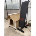 A PRO POWER GYM BENCH AND A WOODEN DOG KENNEL