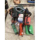 AN ASSORTMENT OF ITEMS TO INCLUDE A TITAN PETROL CHAINSAW, TWO PETROL CANS AND WELLIES ETC