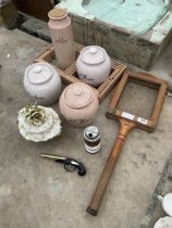 AN ASSORTMENT OF ITEMS TO INCLUDE CERAMICS AND A TENNIS TRACKET WITH VINTAGE COVER ETC
