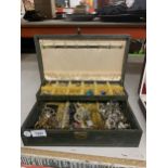 A BOX OF ASSORTED COSTUME JEWELLERY ETC