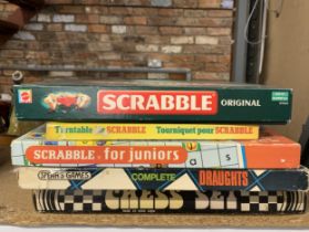 THREE SCRABBLE GAMES, ORIGINAL, TURNTABLE AND JUNIOR PLUS A SPEAR;S GAMES DRAUGHTS SET AND A CHESS