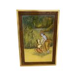A VINTAGE FRAMED INDIAN HAND PAINTED SILK PAINTING OF TWO LOVERS