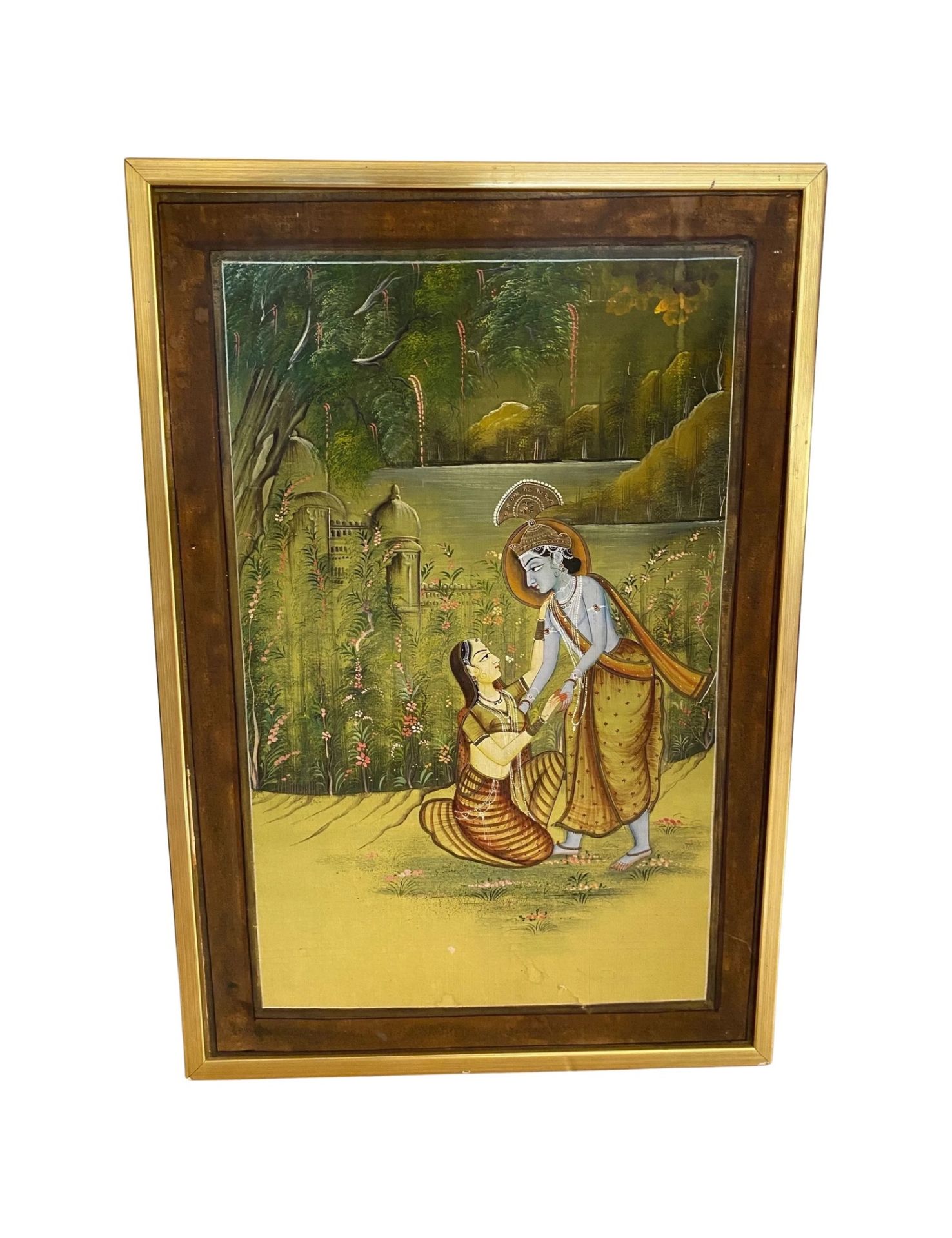 A VINTAGE FRAMED INDIAN HAND PAINTED SILK PAINTING OF TWO LOVERS