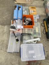 AN ASSORTMENT OF HARDWARE TO INCLUDE GRAB RAILS AND PLASTIC STORAGE BOXES ETC