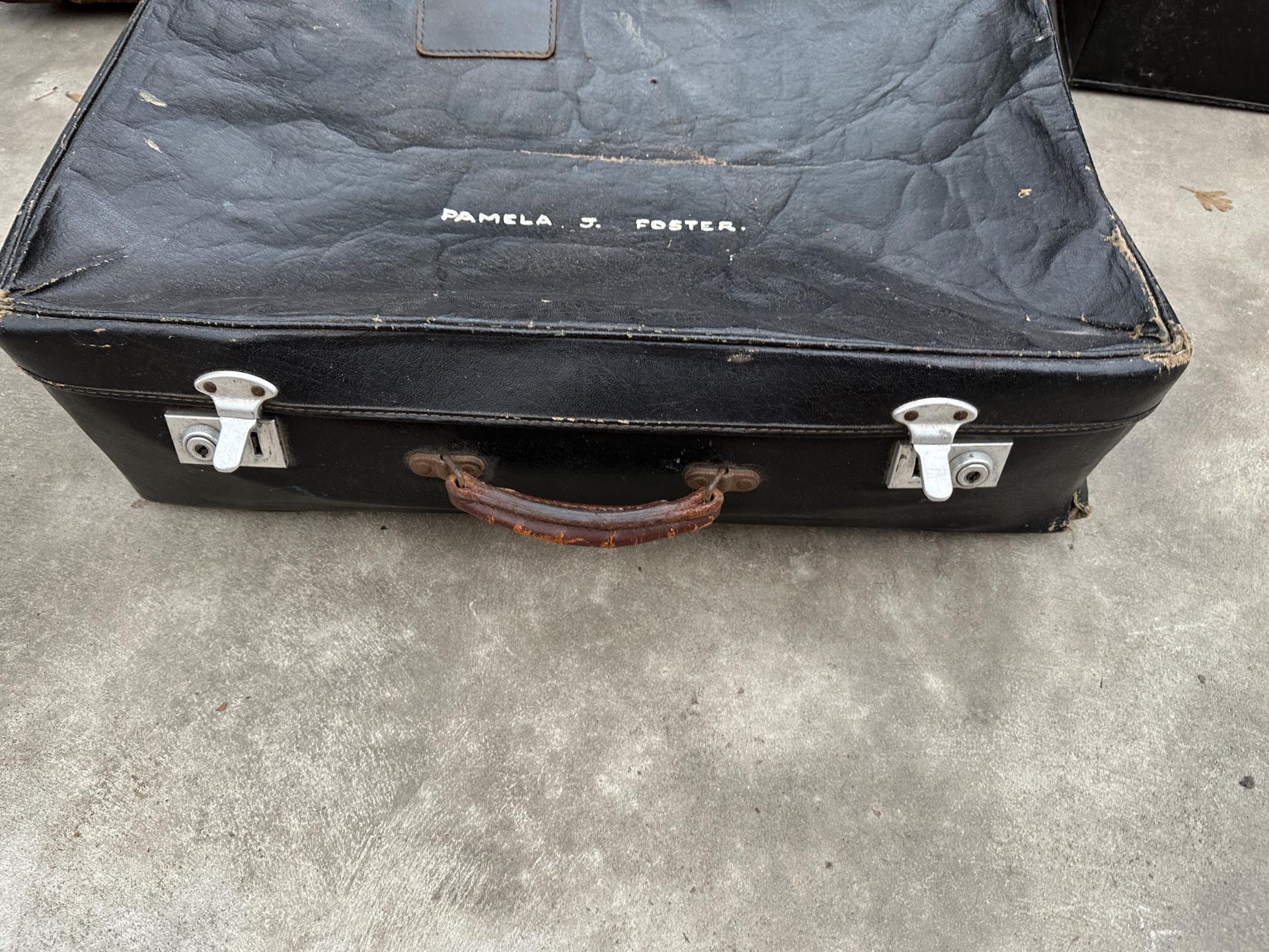 A COMPRESSED FIBRE TRAVELLING TRUNK, ANTLER SUITCASE AND METALWARE DEED BOX - Image 3 of 4