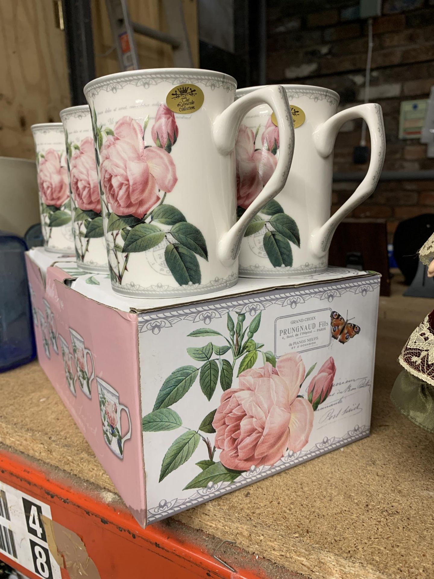 A BOXED SET OF SIX REDOUTE ROSE FINE CHINA MUGS - Image 2 of 2