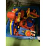 A QUANTITY OF TOYS TO INCLUDE WOODEN VEHICLES, A KIDDI TRUCK, KIDDICRAFT MASTER MECHANIC TOY, ETC.,